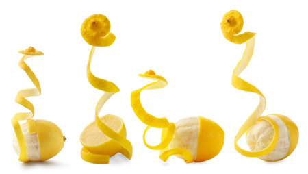 Fresh lemons with peels isolated on white, set. Citrus fruit
