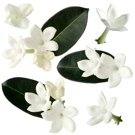 jasmine flowers and leaves isolated on white, setの写真素材
