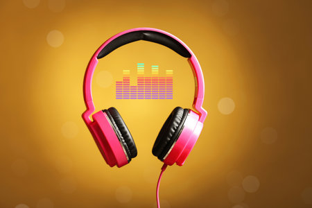 Headphones and sound waves against orange gradient backgroundの写真素材