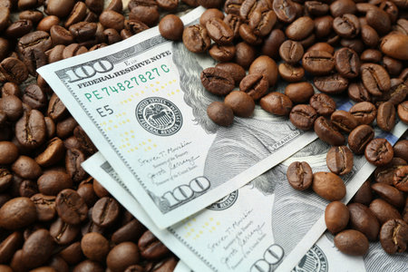 Dollar banknotes and coffee beans on table, closeup