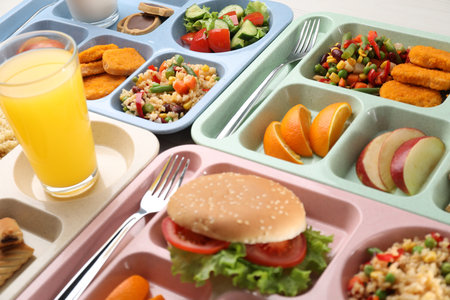 Plastic trays with tasty food and orange juice on table, closeup. School lunch