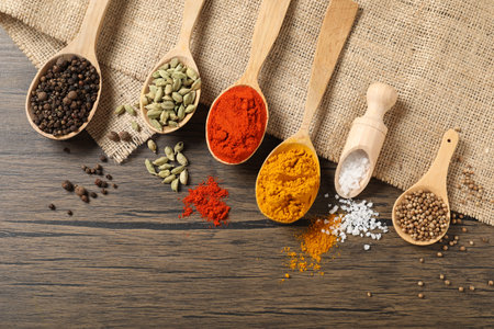 Different aromatic spices in spoons and scoop on wooden table, flat lay