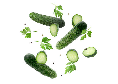 Fresh cucumbers, parsley and peppercorns falling against white backgroundの写真素材