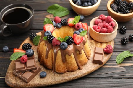 Tasty Bundt cake with berries, chocolate, mint and coffee on wooden table, closeup