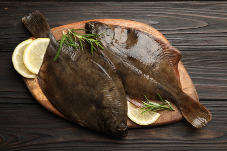 Fresh flounder fish, lemon and rosemary on wooden table, top view. Raw seafood