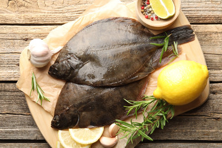 Fresh flounder fish, spices and products on wooden table, top view. Raw seafoodの写真素材