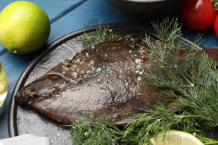 Fresh raw flounder fish and ingredients on blue wooden table, closeup. Seafood