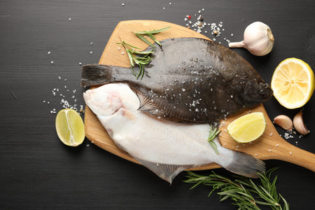 Fresh raw flounder fish and spices on black wooden table, flat lay. Seafoodの写真素材