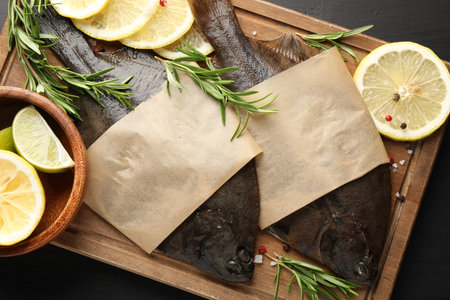 Fresh raw flounder fish and spices on black wooden table, top view. Seafoodの写真素材