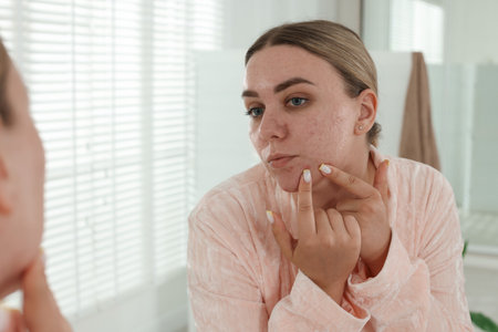 Woman popping pimple near mirror in bathroom. Acne problemの写真素材