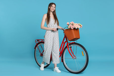 Smiling woman and bicycle with basket of flowers against light blue background