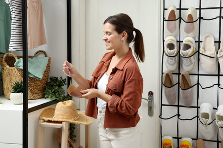 Woman holding glasses and case near organizer with different footwear at home. Shoe storage