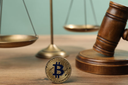 Cryptocurrency. Bitcoin, judge's gavel and scales on wooden table, closeup
