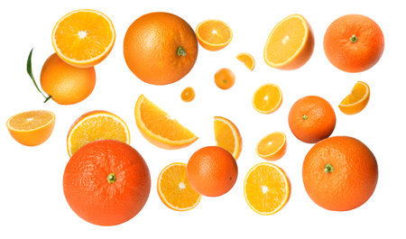 Fresh juicy oranges swirling in air against white background. Citrus fruit