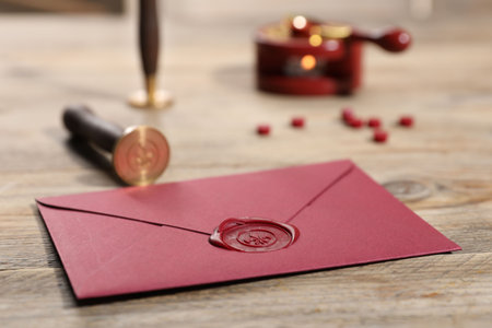Envelope with wax seal and stamp on wooden table, closeup