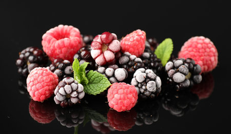 Many different frozen berries and mint on black table, closeup