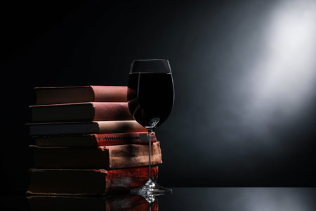 Wine in glass and stack of books on mirror table against dark background. Space for textの写真素材