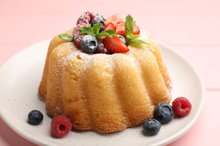 Delicious bundt cake with powdered sugar, berries and mint on pink table, closeupの写真素材