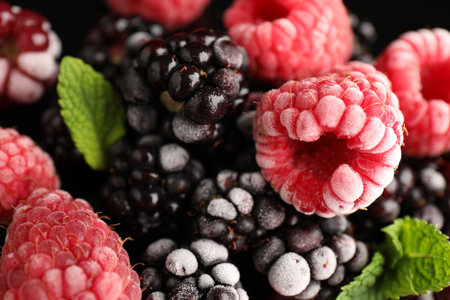 Many different frozen berries and mint on black background, top viewの写真素材