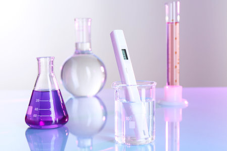 Nitrate tester in beaker with water and glassware on white table, closeup