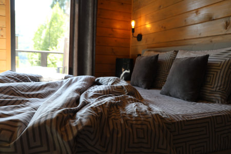 Comfortable bed near window in hotel roomの写真素材