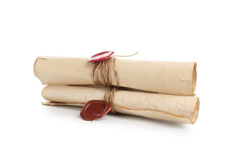 Old rolled paper scrolls isolated on white