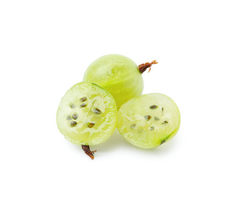 Fresh ripe green gooseberries isolated on whiteの写真素材