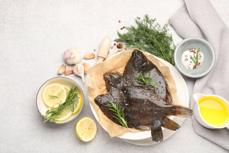 Fresh raw flounder fish and spices on light grey table, flat lay. Seafoodの写真素材