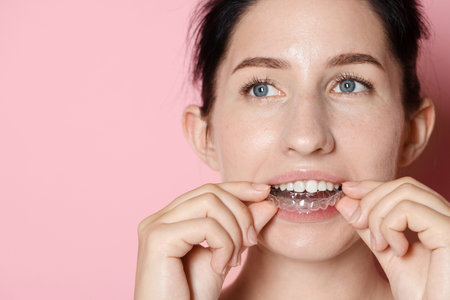 Woman wearing dental aligner on pink background, closeup. Space for text