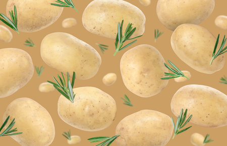 Fresh potatoes and rosemary falling on light brown backgroundの写真素材