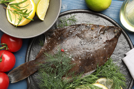 Fresh raw flounder fish and ingredients on blue wooden table, flat lay. Seafoodの写真素材