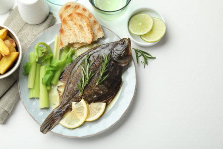 Homemade seafood dish. Tasty roasted flounder fish with celery served on white table, flat lay....