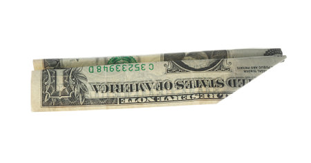 Plane made of dollar banknote isolated on white, top view