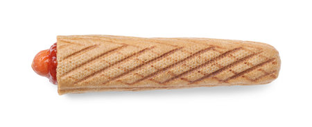 One delicious French hot dog isolated on white, top view. Tasty fast foodの写真素材