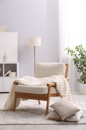 Comfortable armchair with blanket in living room. Interior designの写真素材