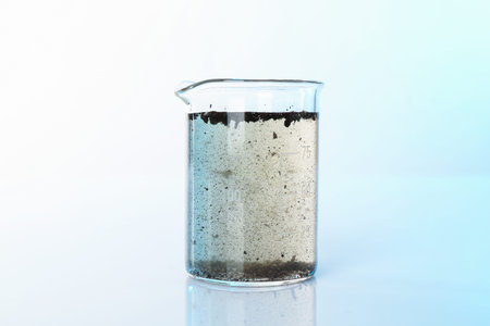 Glass beaker with water on mirror surface