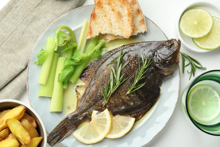 Tasty roasted flounder fish with celery served on white table, flat lay. Homemade seafood dish
