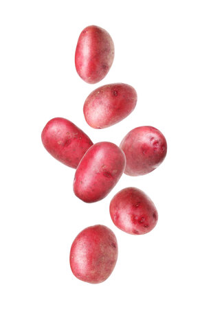 Fresh red potatoes falling on white backgroundの写真素材