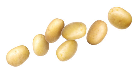 Fresh raw potatoes flying on white backgroundの写真素材