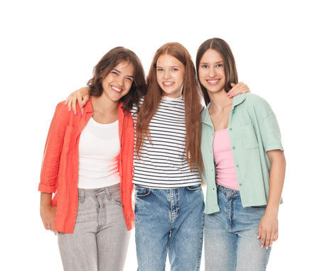 Portrait of happy friends on white backgroundの写真素材