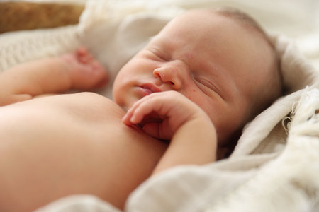 Cute newborn child sleeping in baby nest indoorsの写真素材