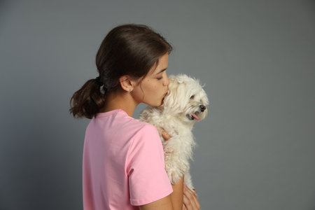 Happy teenage girl with Maltese dog on grey backgroundの写真素材
