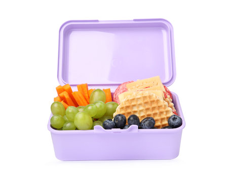 Open lunch box with tasty food isolated on whiteの写真素材