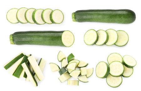 Fresh ripe zucchini isolated on white, collage. Top viewの写真素材