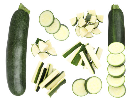 Fresh ripe zucchini isolated on white, collage. Top viewの写真素材