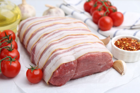 Piece of raw beef meat, tomatoes and spices on table, closeupの写真素材
