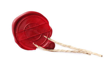 Red wax seal with twine isolated on whiteの写真素材