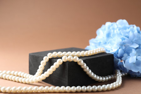 Pearl jewelry, podium and hydrangea flowers on brown background, closeupの写真素材