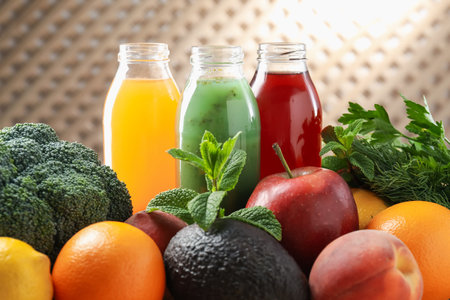Tasty juices in glass bottles, fresh ingredients and herbs on blurred background, closeupの写真素材