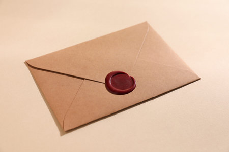 Beautiful envelope with red wax seal on beige background, closeup